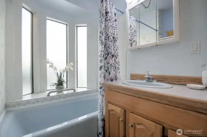 Full bathroom in the main home offers great natural light and extra vanity space.