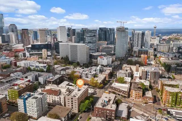 Aerial view of the building and surrounding area