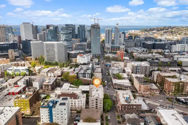 Aerial view of the building and surrounding area