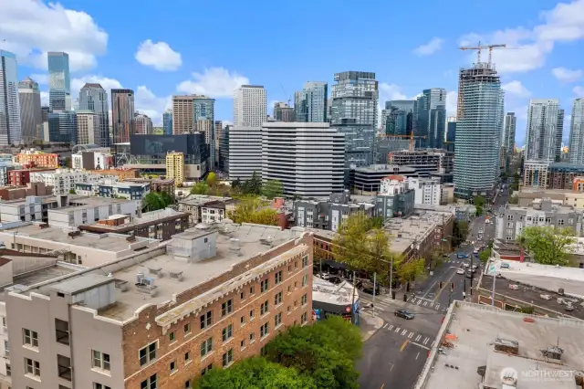 Aerial view of the building and surrounding area