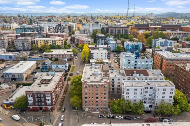 Aerial view of the building and surrounding area