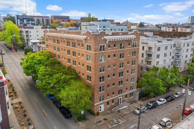 Aerial view of the building and surrounding area