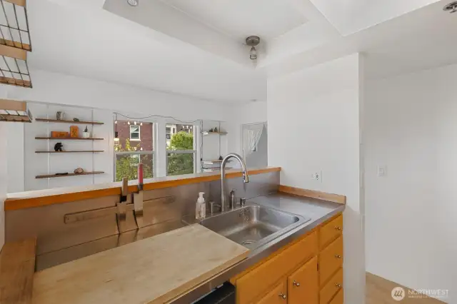 A view of the living space from behind the kitchen counters