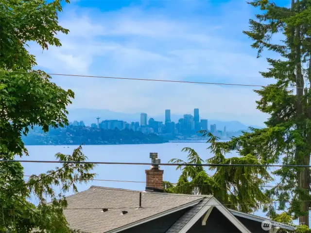Views of shipping lane and Seattle skyline.