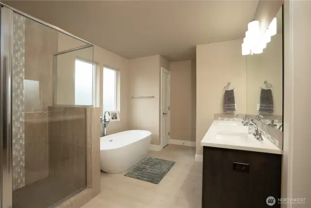 Primary bath with a soaking tub, double sinks and large walk in shower.