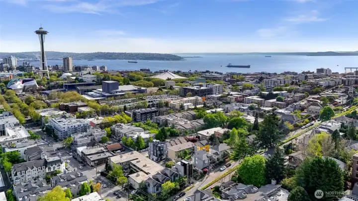 Sweeping aerial — a portrait of Queen Anne’s south slope, revealing why this hillside is among Seattle’s most coveted addresses. Seconds to Climate Pledge & Elliott Bay!