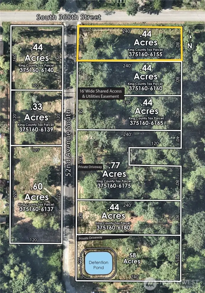 Aerial Map of Subject Property and surrounding lots available in a new South King County Project, Whispering Woods Estates.