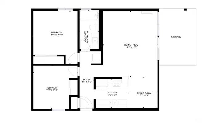 Floor Plan: Thoughtfully designed layout with open living and dining spaces, two private bedrooms, and a large covered balcony. Efficient flow creates comfortable everyday living with flexibility to entertain.