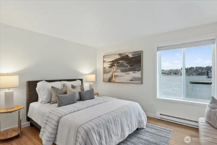 Guest bedroom with direct Lake Washington views — because every room deserves a view.