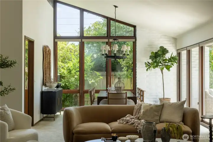 Vaulted ceilings, seamless extension of interior/exterior brick wall