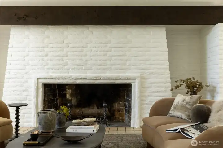 Wood burning fireplace, custom wood beam mantle
