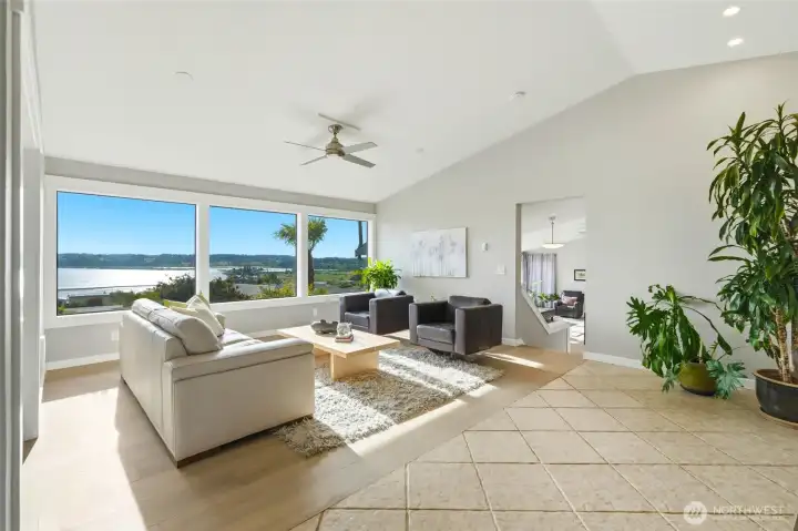Great room with panoramic view of Puget Sound, Olympic Mountains and Useless Bay