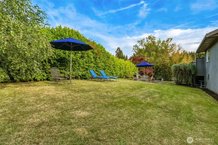Fully fenced backyard with patio