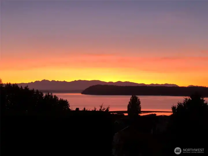Sunset view of Double Bluff, Puget Sound and Olympic Mountains