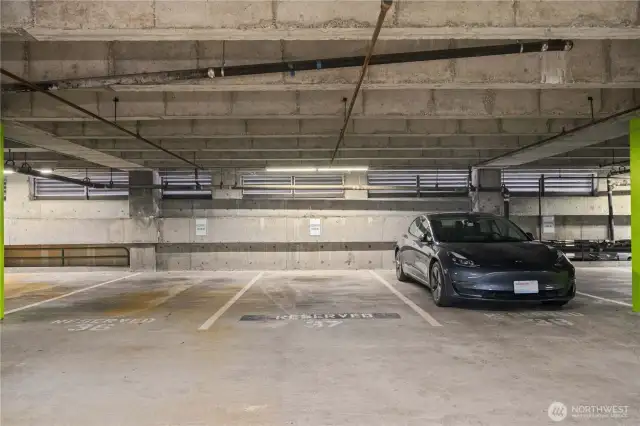 Covered common garage with assigned parking space.
