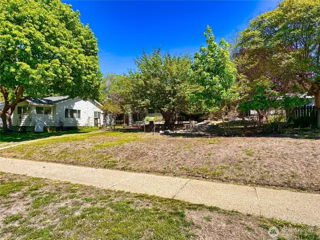 Lot is complete with sidewalks, curbs, some grassy area and shade trees