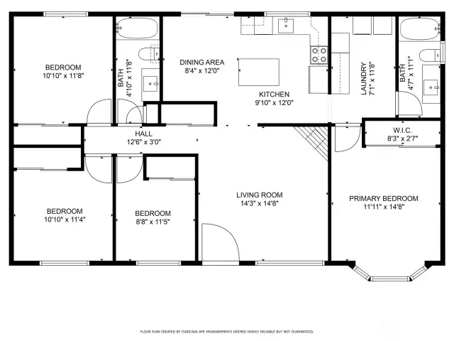 House floor plan shows Primary Bedroom opposite of the 3 other bedrooms