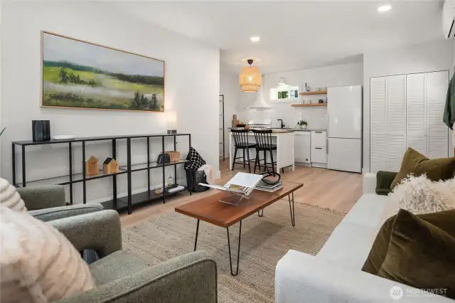 Looking back towards the kitchen. The laundry is located behind the louver doors.