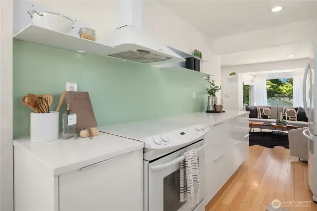 This euro style kitchen features pull-out drawers with more internal drawers just inside.