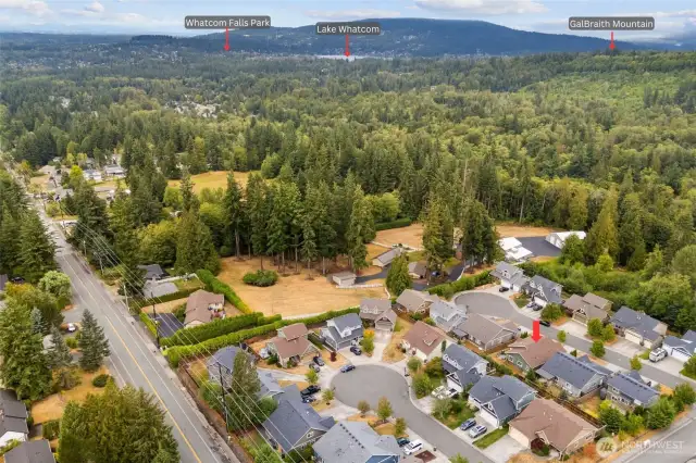 Aerial view of the neighborhood and surrounding community