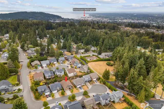 Aerial view from the front of the home and property highlighting the proximity to downtown Bellingham