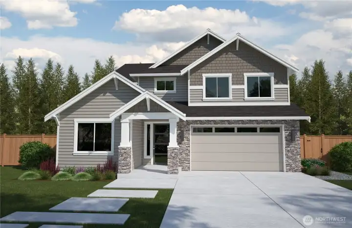 The Homestead at Burnham Heights — 3,561 sq ft of exceptional design featuring 3 bedrooms, 3.25 baths, a private home office with attached ¾ bath, and an upstairs loft (or optional bonus room). Enjoy a spacious mudroom off the garage and a convenient shop area in the garage for added versatility. Photo Rendering is for illustrated purposes only.
