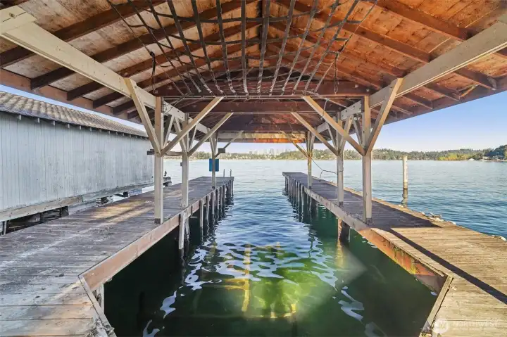 A U-shaped covered dock with deep-water moorage — perfect for all your waterfront adventures and outdoor fun.