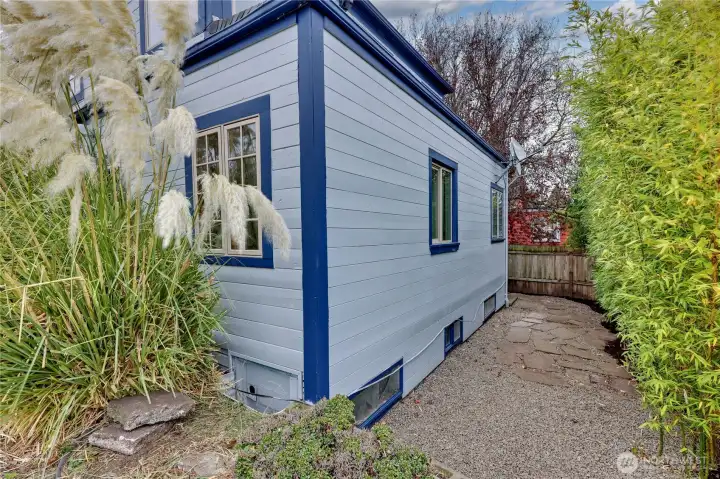 Behind the building.