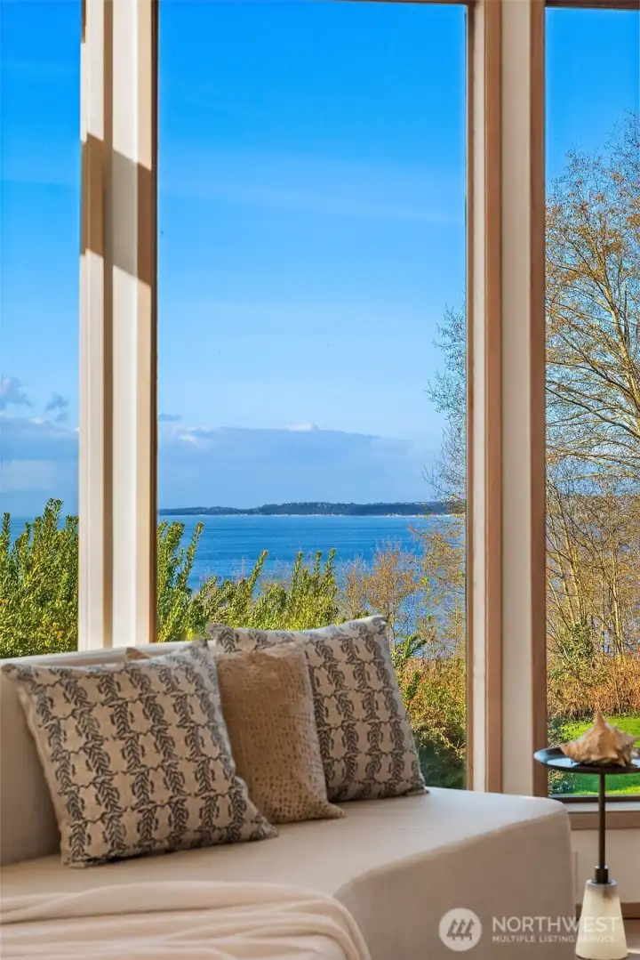 Window seat with expansive water views, perfect for enjoying the peaceful Vashon Island setting.