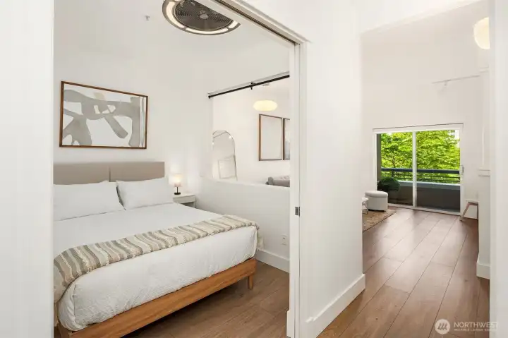 Bedroom alcove with double sliding doors.