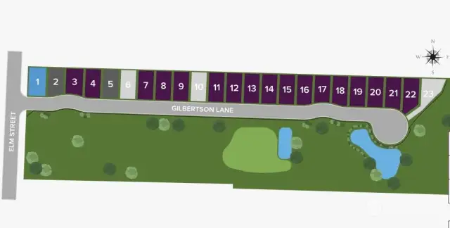 Purple is sold, dark gray is unreleased, and light gray is available. Light blue is the Model Home and Sales Office on Lot 1