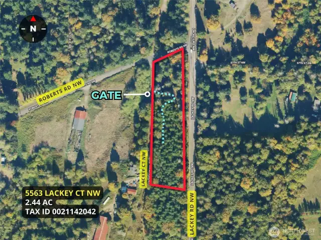 Overhead view with approximate boundaries in red along with gate and driveway.