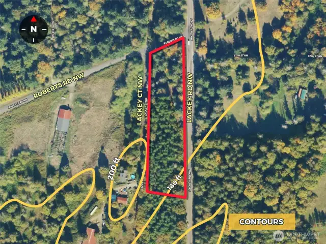 Overhead view with approximate boundaries in red and contours.