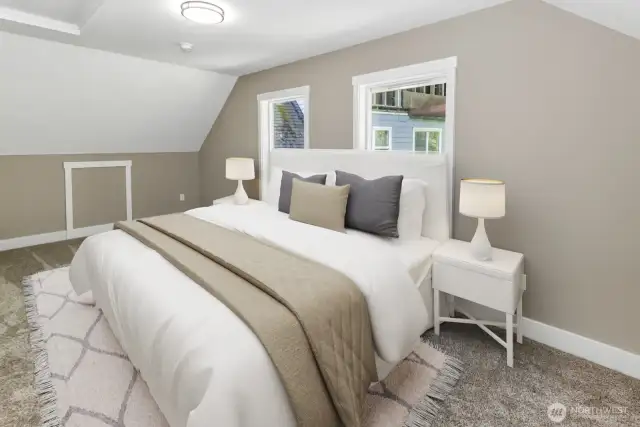 Virtually staged. Upstairs bedroom with walk in closet.