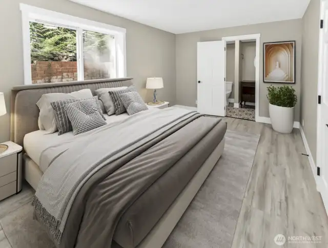 Virtually staged. Basement bedroom with en suite bathroom
