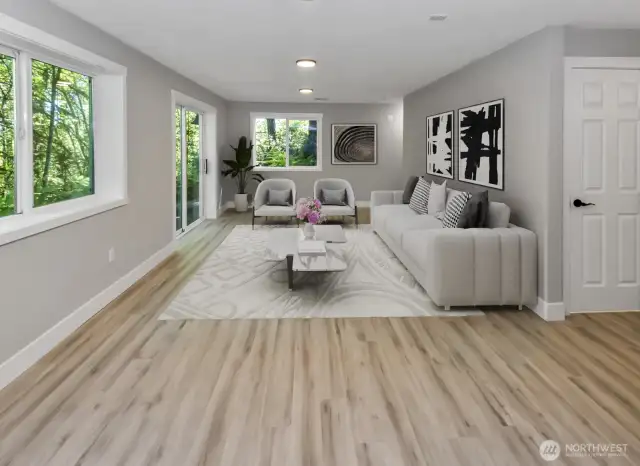 Virtually staged. Basement living area.