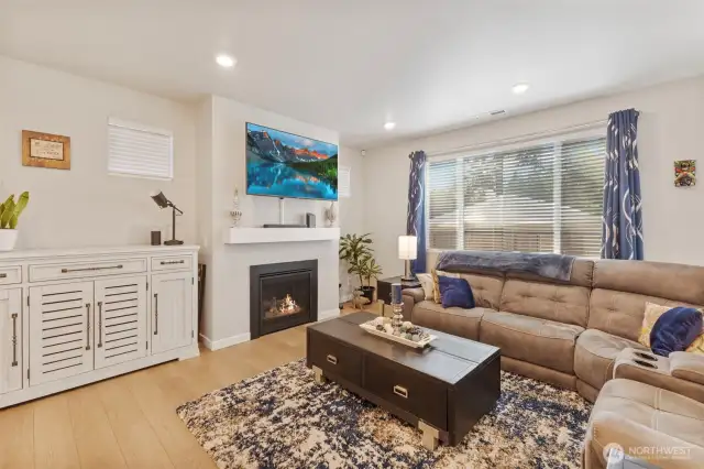 The living space has a cozy fireplace for those gray days and chilly nights.