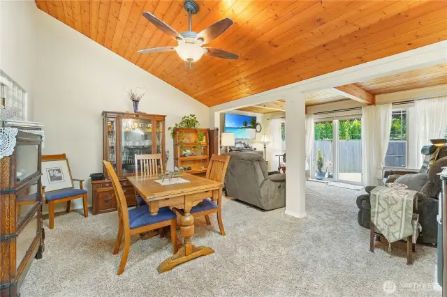 Family room with vaulted pine ceilings