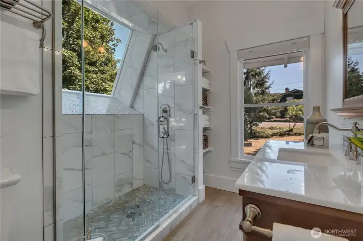 New primary/second floor bath.  Oversized fully tiled shower; quartz topped vintage vanity; toilet to left, just out of sight.