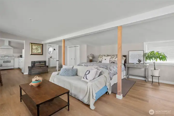 Kitchen on the left and bathroom on the right