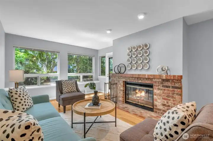 comfortable family room with woodburning fireplace comfortable family room with woodburning fireplace
