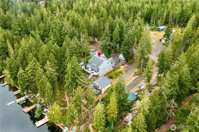 Aerial view of the house and property