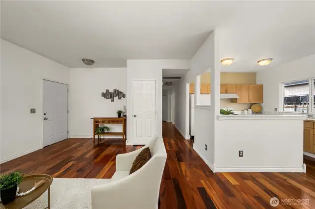 From the main living areas, head down the hallway to the bedrooms and bathrooms