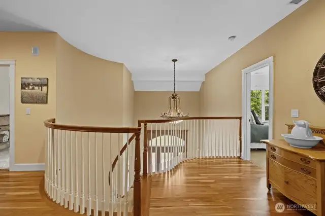 At the top of the stairs.