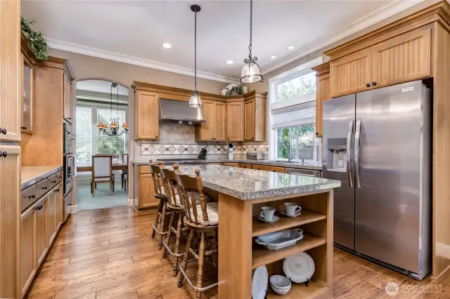 Chef's kitchen with granite counters, tiled backsplash, newer fridge