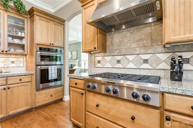 Commercial-grade 6-burner gas cooktop with stainless steel vent hood