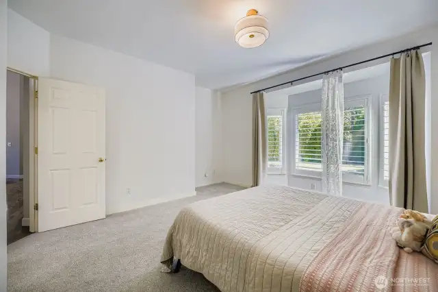 Spacious main floor primary bedroom overlooking backyard