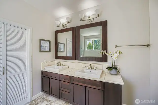 Main floor primary bathroom--spa like bathroom with walk in closet