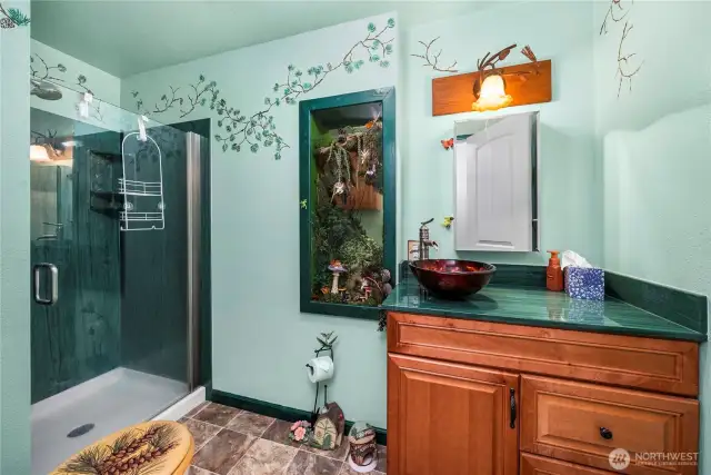 Upper-level guest bathroom with some very cool eclectic features