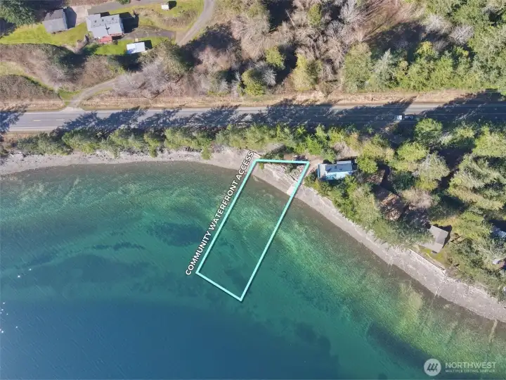 Overhead view of the waterfront access with approximate boundaries in blue.